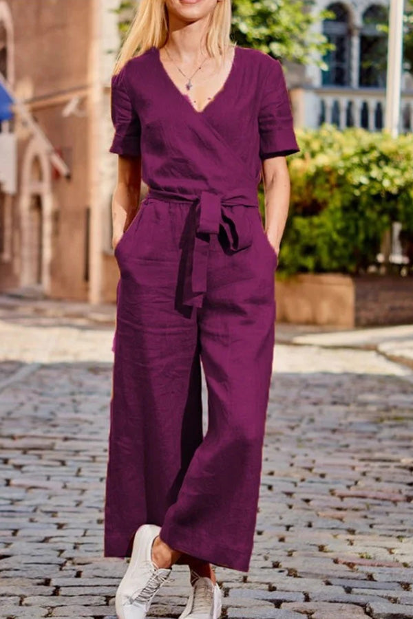 MONO DE MANGA CORTA, COLOR LISO, CON CORDONES Y CUELLO EN V, SUAVE