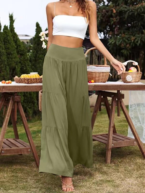 Pantalones casuales de cintura alta de algodón y lino con pierna ancha para mujer