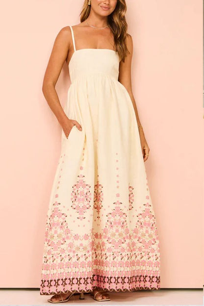 Vestido largo holgado con tirantes y bolsillos, estampado único en mezcla de lino Paradise Flowers