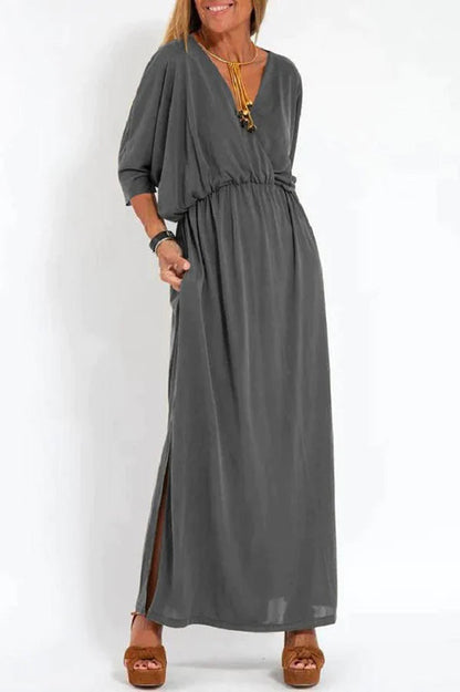 Vestido largo con abertura y bolsillos, manga corta y cintura elástica, comodidad suprema