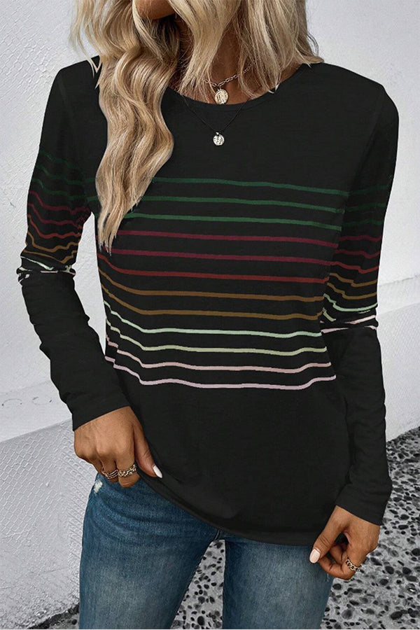 Top de manga larga con cuello redondo y rayas negras
