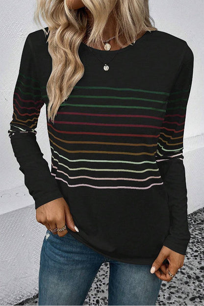 Top de manga larga con cuello redondo y rayas negras