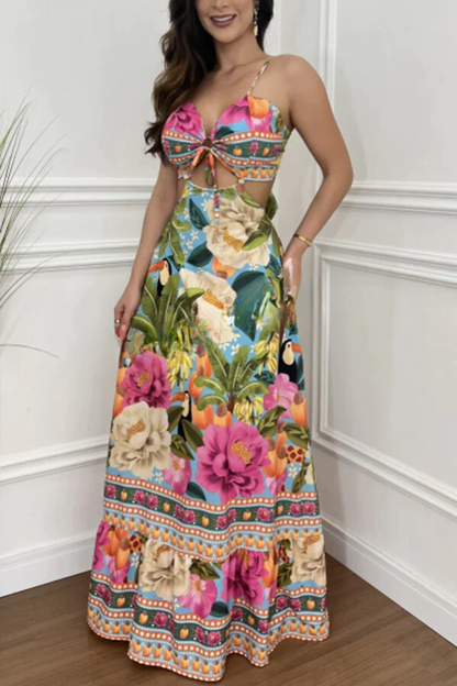 Vestido largo de vacaciones con cordones, aberturas en los anillos y estampado tropical estilo mexicano