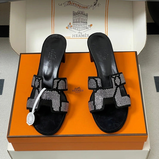 HM 25S ORAN HIGH‐HEEL SANDAL 50 MM IN BLACK LAMBSKIN WITH WHITE STONE DETAILS