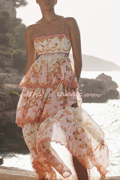 Charming Smile Floral Print Scalloped Lace-trim Back Tie-up Tiered Maxi Dress