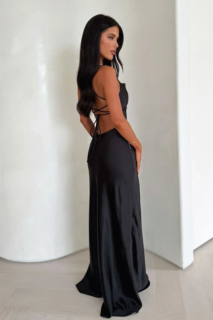 Starlette Cowl Neck Satin Maxi Dress - Black