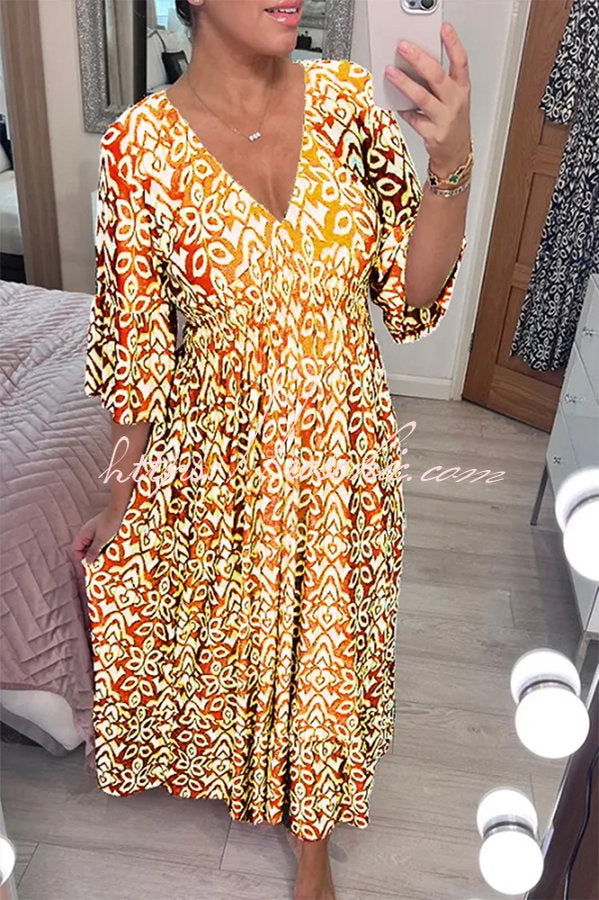 Fairytale Song Bohemian Print Stretch Frill Sleeve Loose Maxi Dress