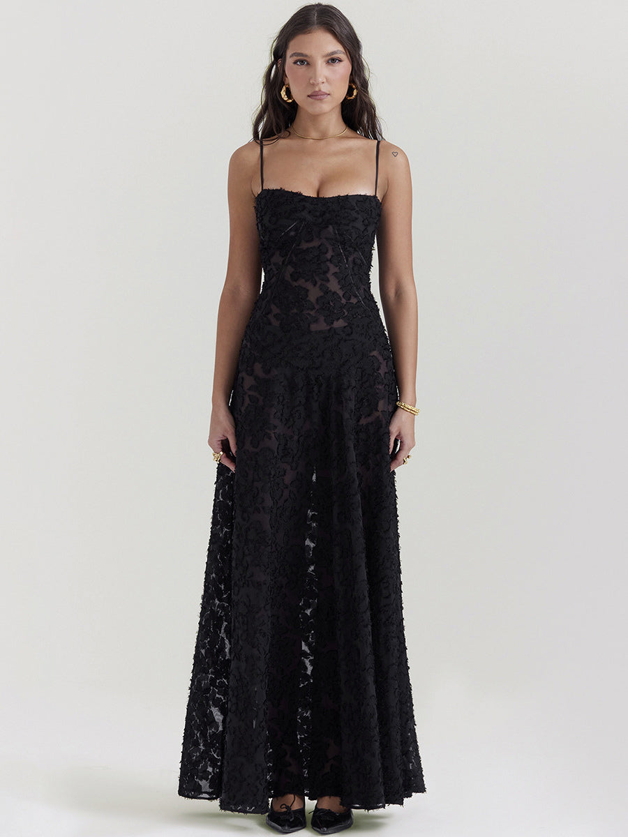Trumpet Dress Spaghetti Straps Lace-up Floral Embroidery Prom Maxi Dresses