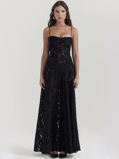 Trumpet Dress Spaghetti Straps Lace-up Floral Embroidery Prom Maxi Dresses