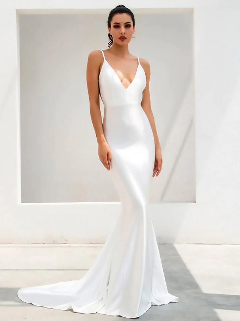 Prom Maxi Dresses White V-Neck Sleeveless Backless Semi Formal Dress