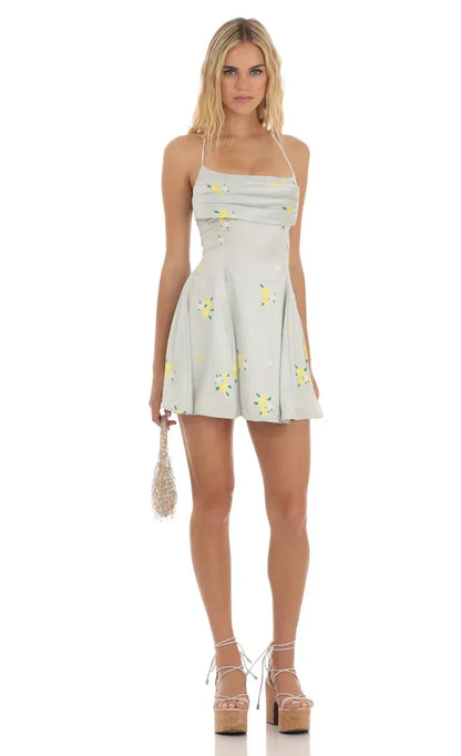 Draped Floral A-Line Dress in Light Green