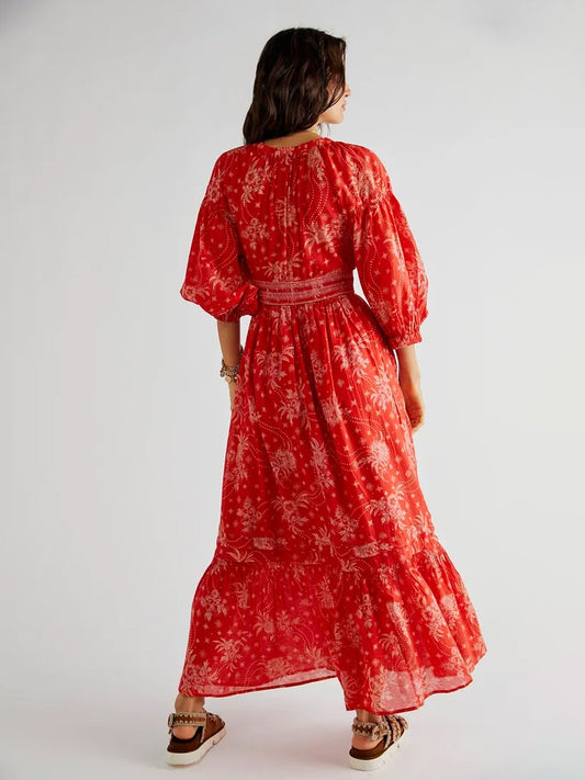 A-Line Flowy Dress Printed V-Neck Puff Sleeves Casual Summer Maxi Dresses