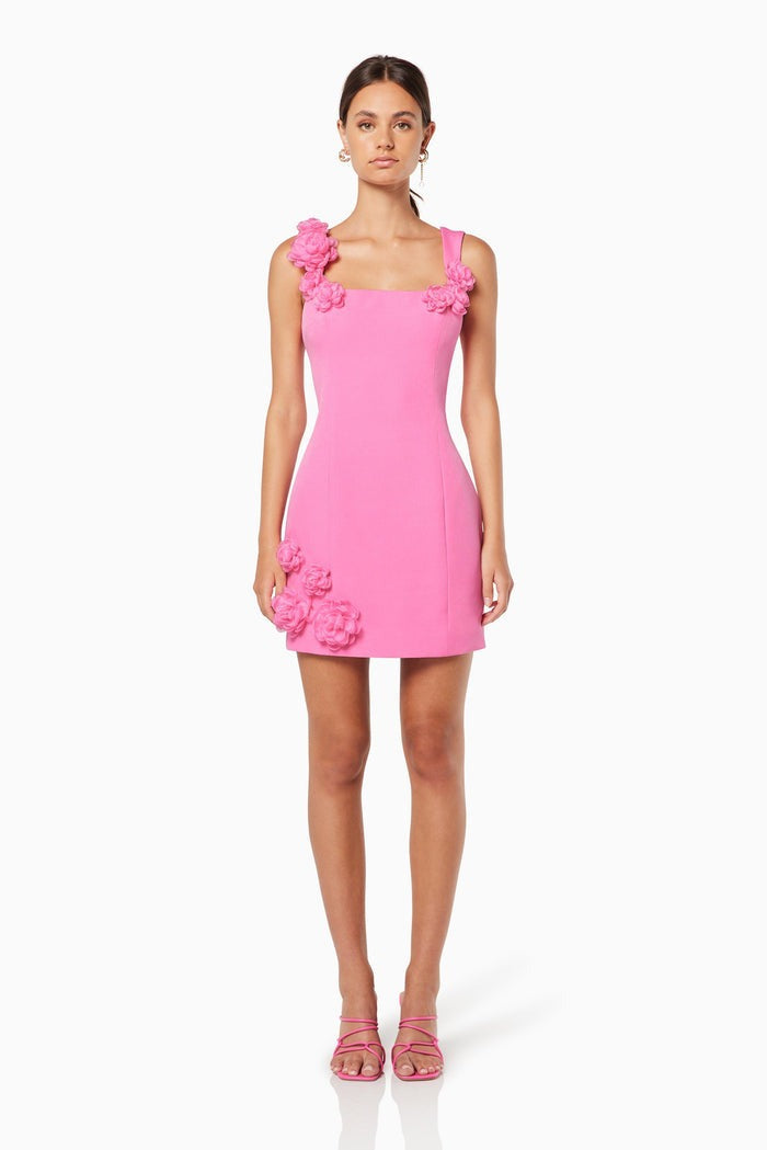 Solid Color 3D Floral Strap Mini Dress