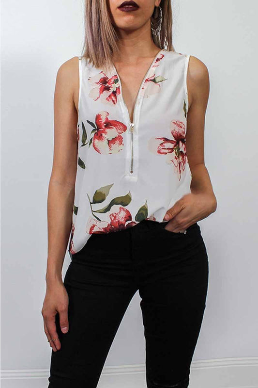 Camiseta sin mangas floral con diseño de cremallera de moda de verano