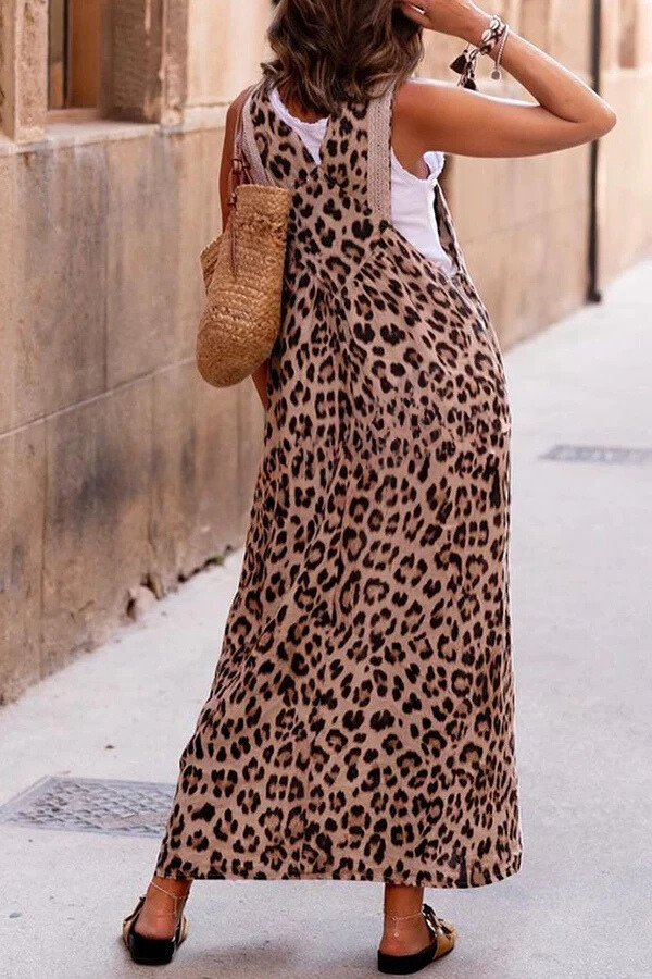 Vestido largo con tirantes y patchwork con estampado de leopardo
