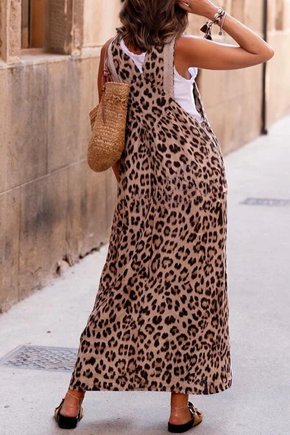 Vestido largo con tirantes y patchwork con estampado de leopardo