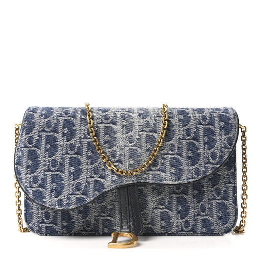 Oblique Denim Saddle Chain Long Wallet Blue
