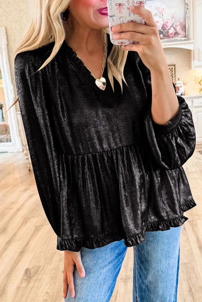 Blusa babydoll de terciopelo con cuello en V y mangas abullonadas