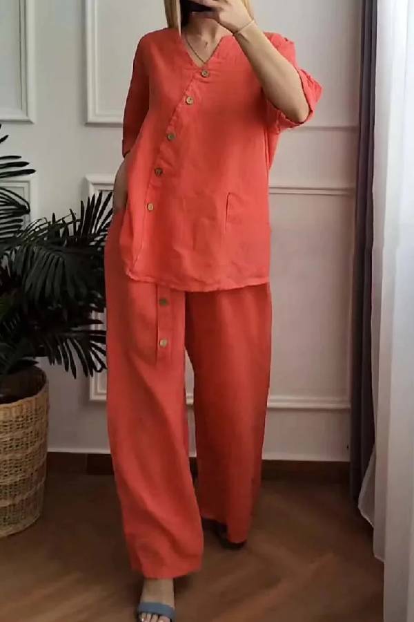 Conjunto de dos piezas de top corto y pantalón ancho de algodón y lino en color liso