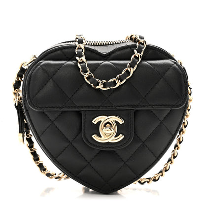 Lambskin Quilted CC In Love Heart Clutch With Chain Black