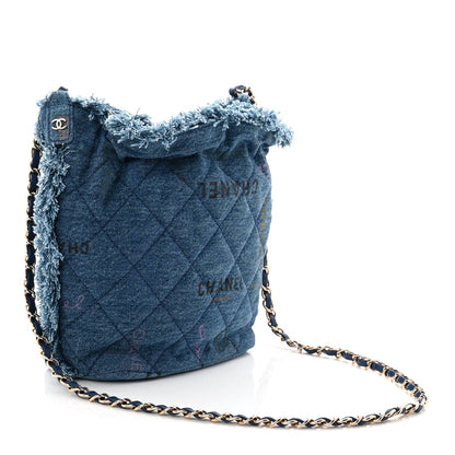 Denim Quilted Small Mood Bucket With Chain Blue Yellow Orange