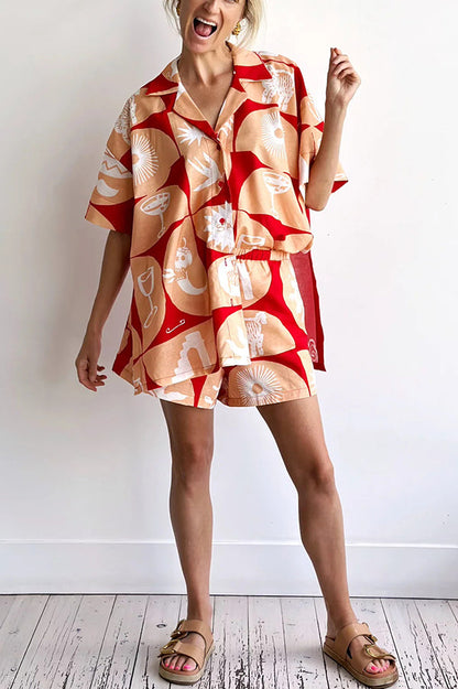 Conjunto de camisa de mezcla de lino con estampado único y pantalones cortos holgados con bolsillo y cintura elástica