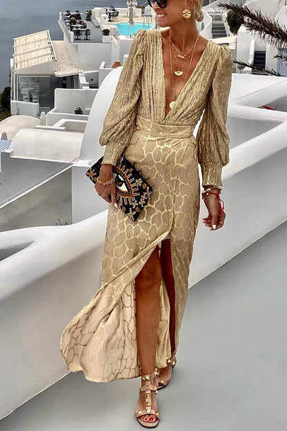 Conjunto de falda con abertura y top con cuello en V y manga larga Gold Coast
