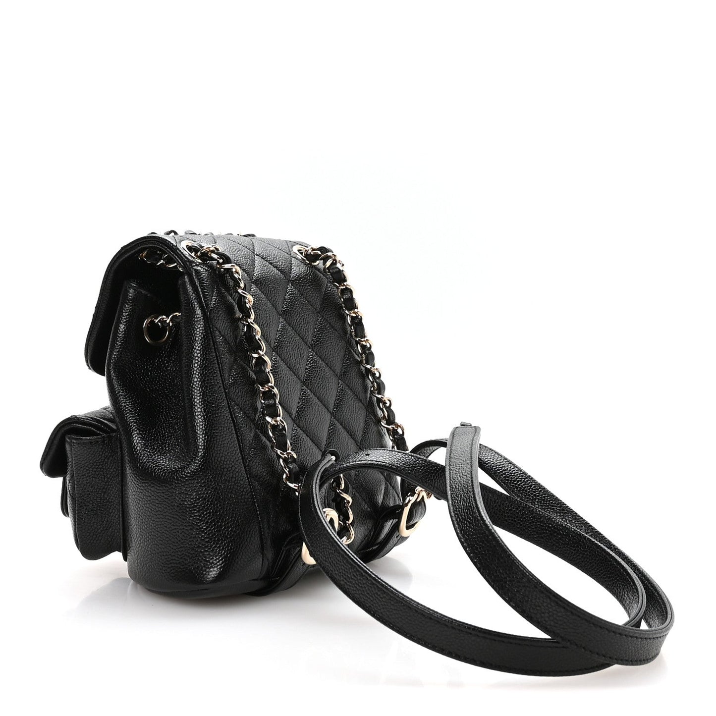 Shiny Caviar Quilted Small Duma Pockets Drawstring Backpack Black