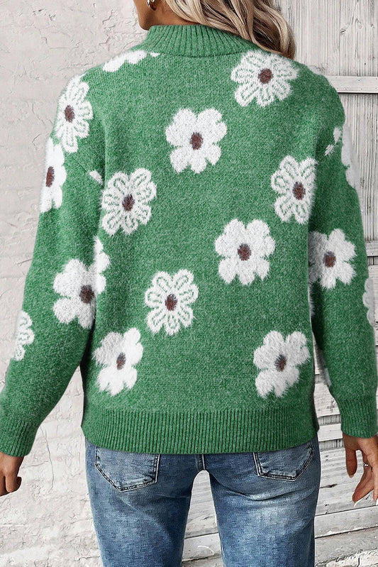 Suéter verde vintage de los años 60 con estampado floral, cuello con media cremallera y hombros caídos 