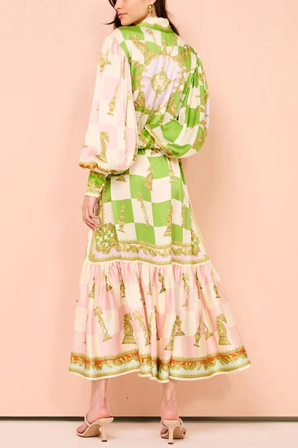 Vestido camisero largo con cinturón y mangas abullonadas con estampado único de satén para fiesta en el jardín