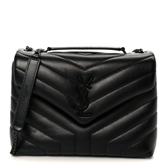 Calfskin Y Quilted Monogram Monochrome Small Loulou Chain Satchel Black