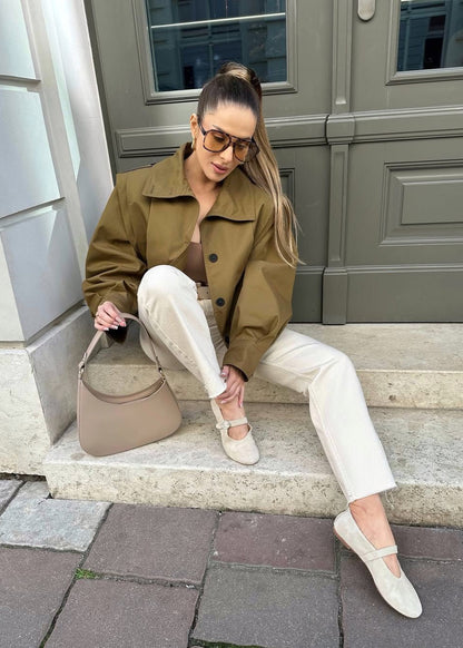 Cropped Button-Up Jacket with Epaulettes – Khaki