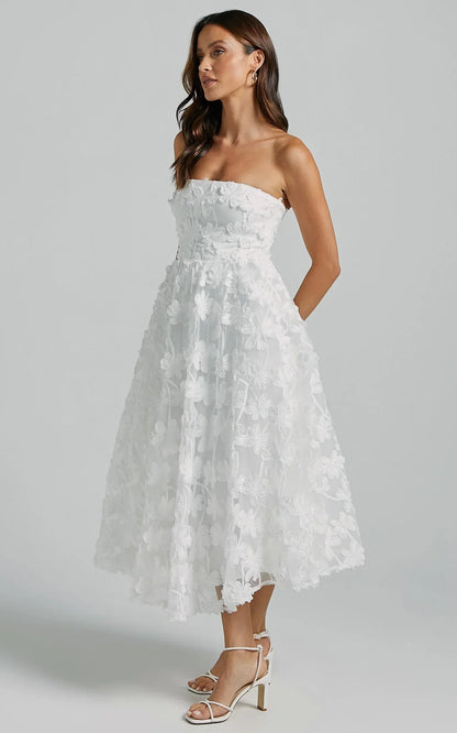 Rheiva Midi Dress - Strapless 3D Embroidery Midi Dress in White