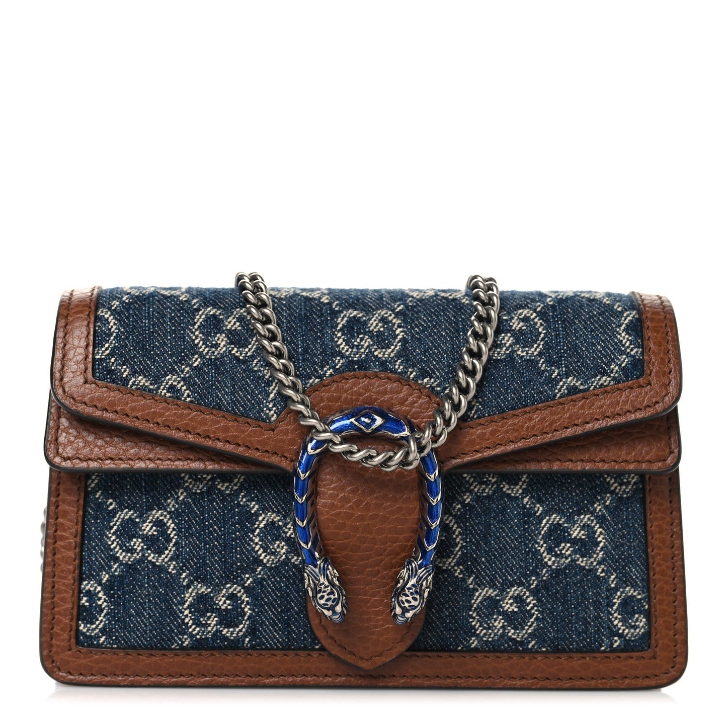 New Denim GG Monogram Dollar Calfskin Enamel Super Mini Dionysus Shoulder Bag Blue Tea Cuir Epilog Electric Blue