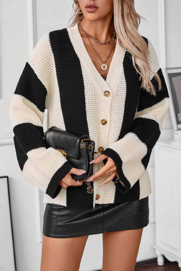 Suéter tipo cárdigan de rayas contrastantes para mujer, camisa informal holgada de punto para otoño e invierno. 