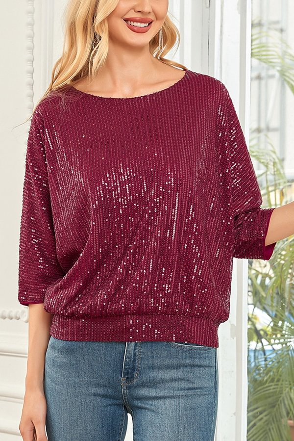 Top casual holgado de cuello redondo con lentejuelas de color liso