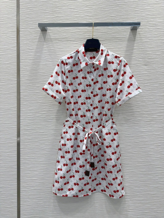 LV 25S Cherry Printed Dress White Red Poliester