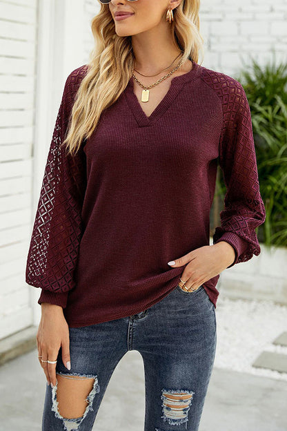 Camiseta de manga larga con cuello en V y costuras Waffle Grace para mujer