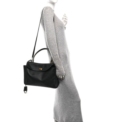 Natural Smooth Calfskin Medium Rodeo Top Handle Handbag  Black