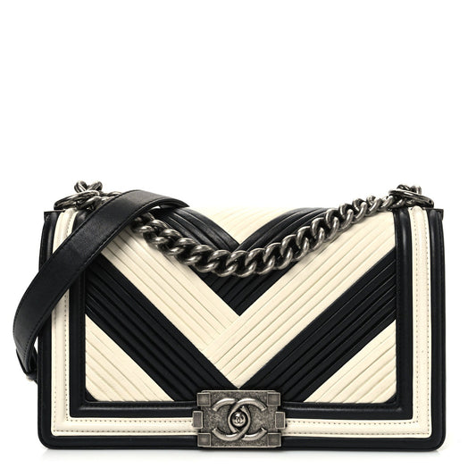 Calfskin Pleated Medium Boy In Rome Flap Black White