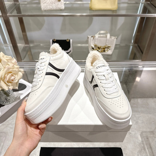 Celine Block Triomphe Leather Wedge Sneakers 50mm Black White Calfskin Fur