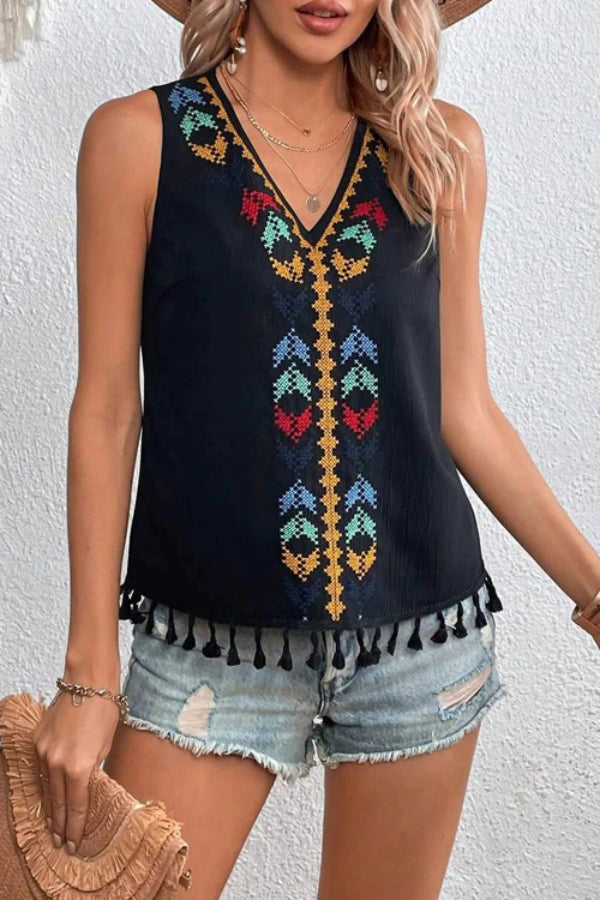 TOP SIN MANGAS CON BORLAS BORDADAS JUST BE YOU BOHO - 4 COLORES 