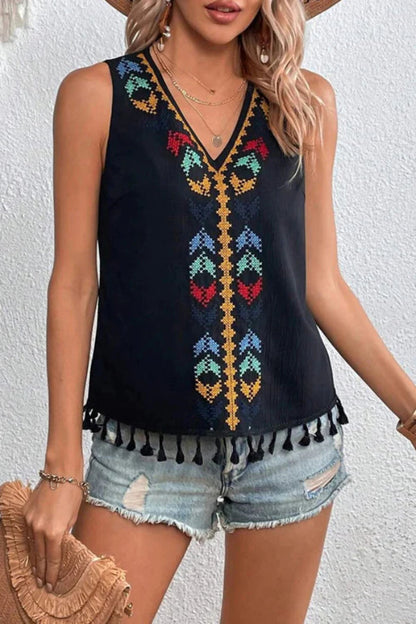 TOP SIN MANGAS CON BORLAS BORDADAS JUST BE YOU BOHO - 4 COLORES 
