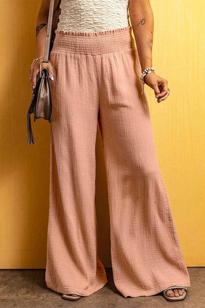 Pantalones de lino y algodón con cintura elástica y pierna ancha fruncidos