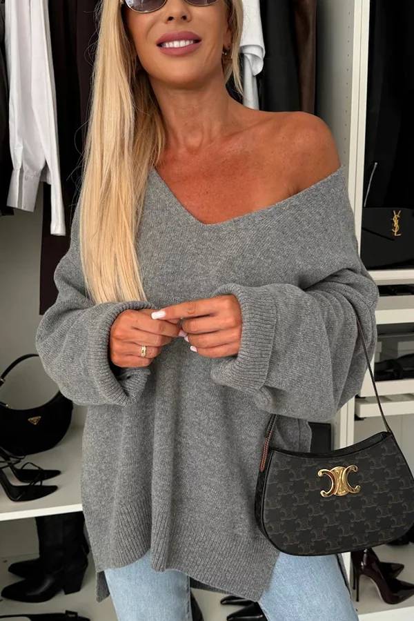 Suéter holgado irregular de manga larga con cuello en V y color liso para clima frío 