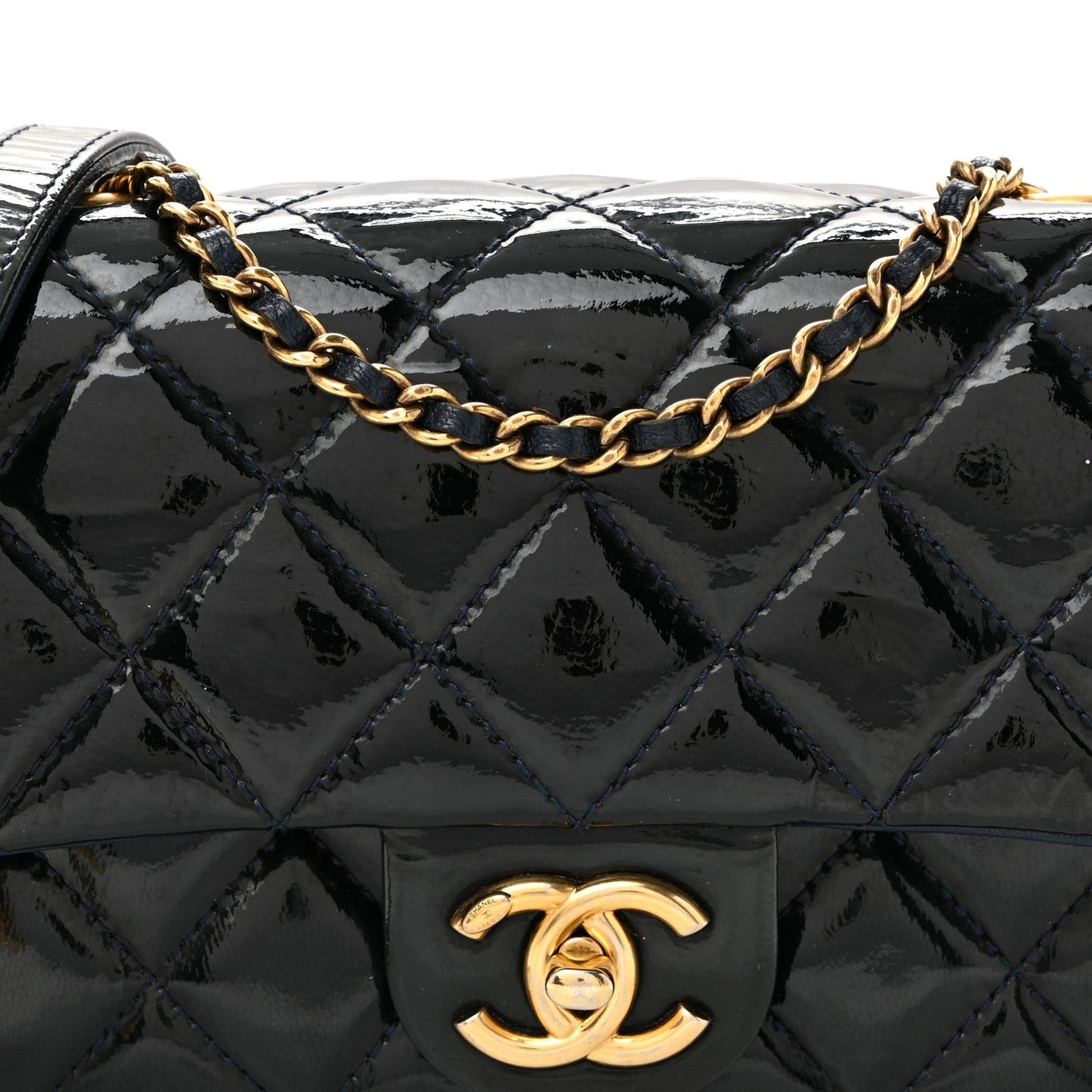 Patent Goatskin Quilted Medium CC Eyelet Flap Blue