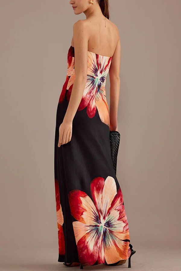 Vestido largo bandeau holgado con estampado floral de satén para dama encantadora