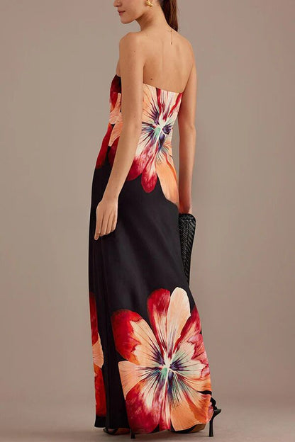Vestido largo bandeau holgado con estampado floral de satén para dama encantadora