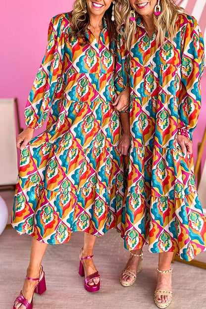 Vestido bohemio con cuello con muescas y estampado geométrico abstracto multicolor