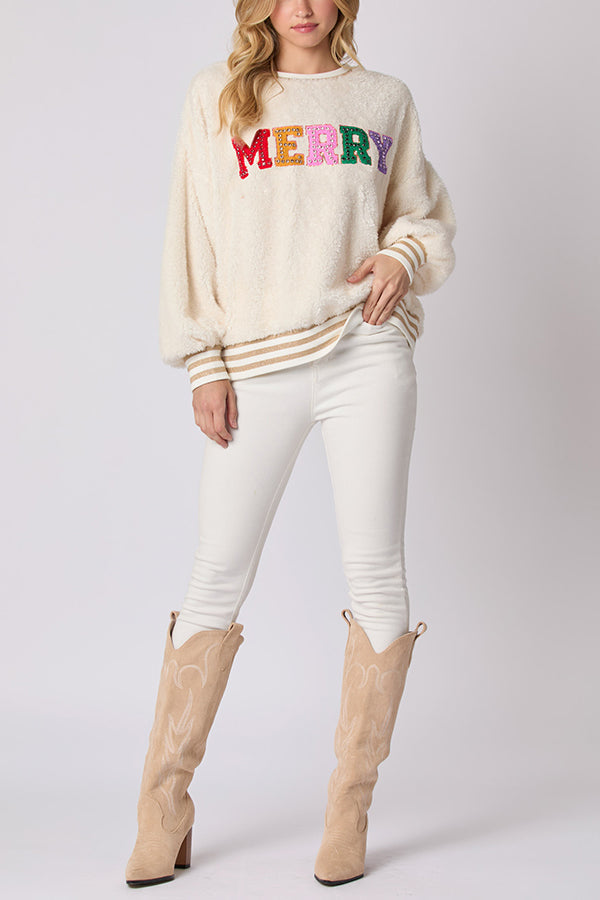 Sudadera de cuello redondo de manga larga con letras navideñas y diamantes de imitación